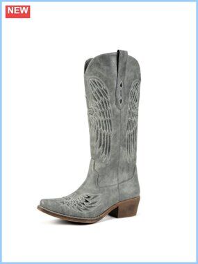 Faux Leather Western Cowboy Boots Angel Wing Embroidered Mid-Calf
